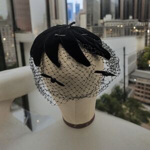 Black Velvet Headpiece Hat with Black Net Veil Hat Vintage 1960's